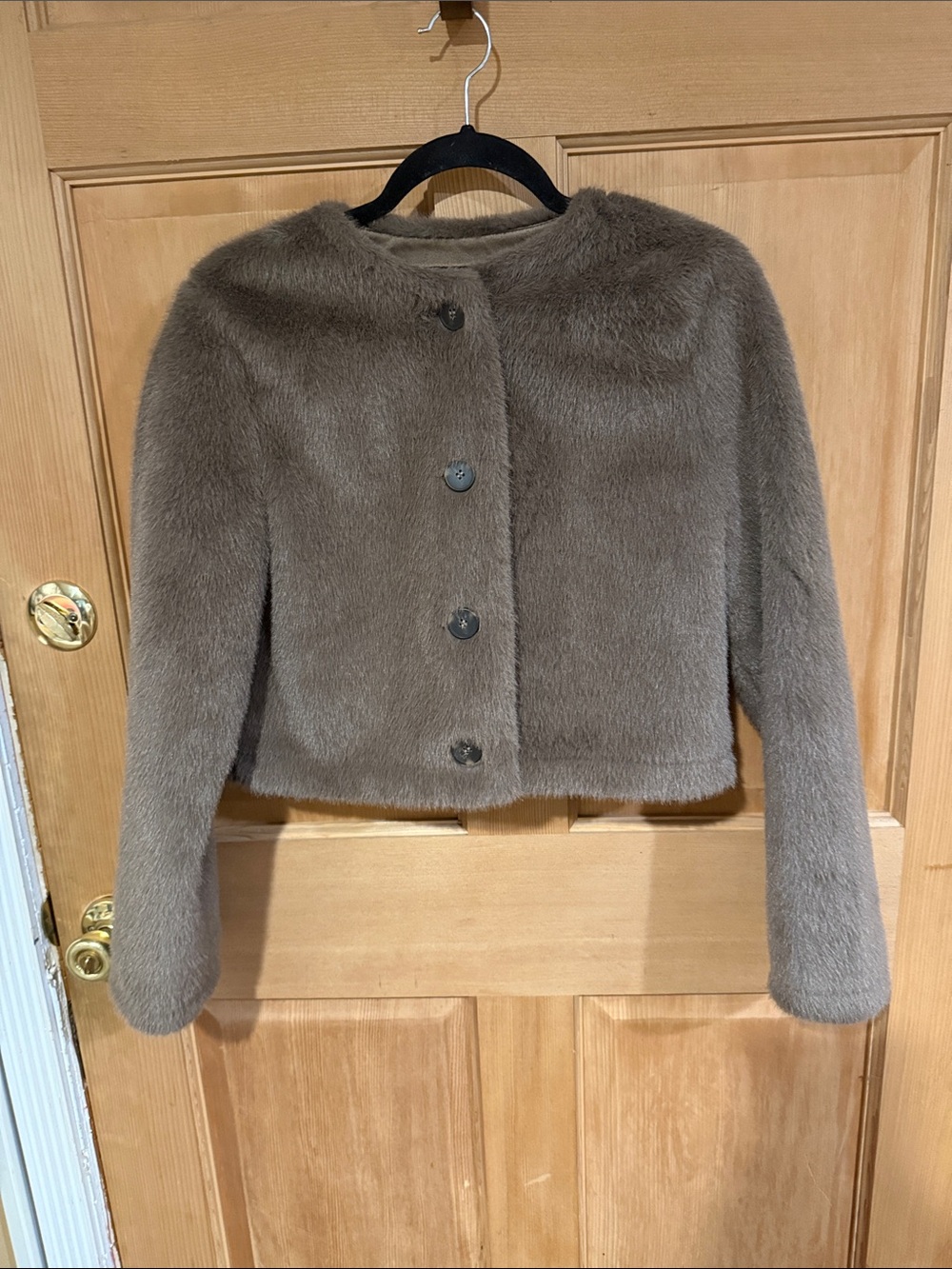 Zara Taupe Teddy Cropped Button-Front Jacket, size M
